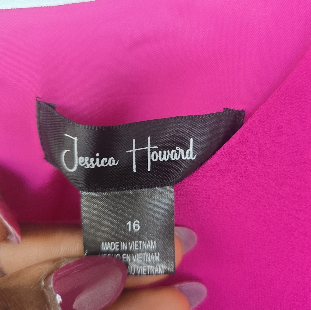 $109 Jessica Howard Shift Dress Sz 16 Plus Tiered Pink Chiffon Long Sleeves Date - Picture 7 of 16